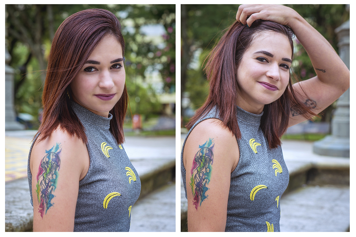 Duas fotos juntas da aniversariante do dia em ensaio fotográfico na praça coronel Pedro Osório em Pelotas. Fotp por Marco Moscarelli