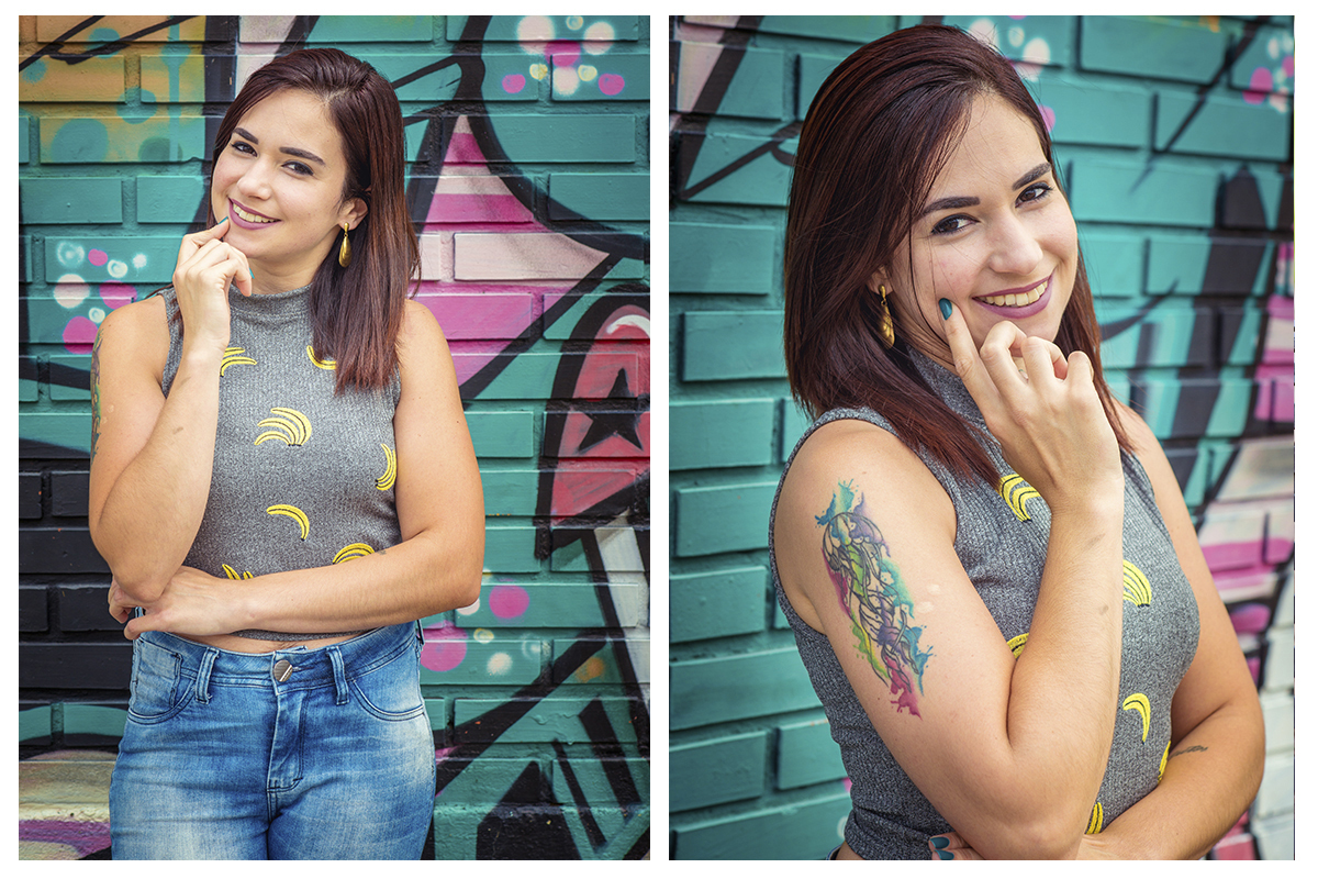 Aniversariante e modelo posando para foto encostada em parede com lindo grafite no porto de Pelotas. Foto por Marco Moscarelli