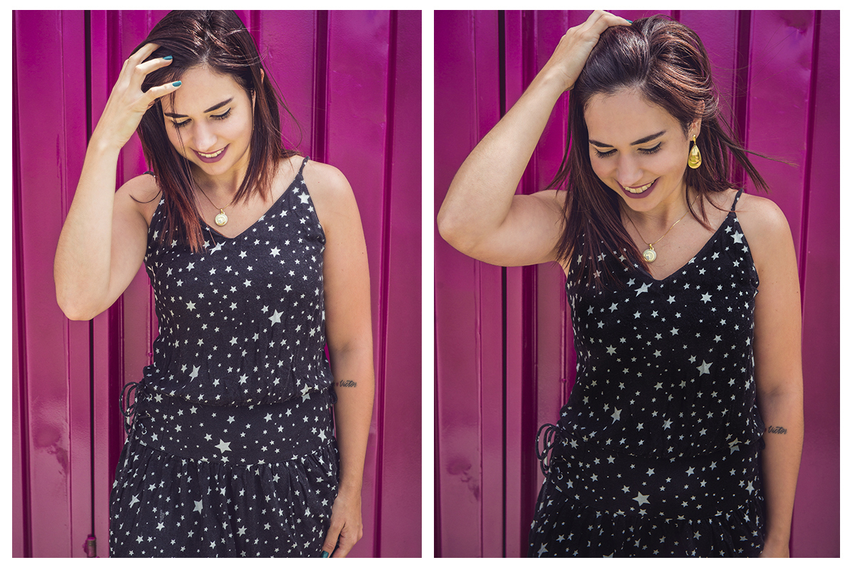 Linda foto da aniversariante no Parque UNa com um vestido preto com fundo roxo. Foto por Marco Moscarelli