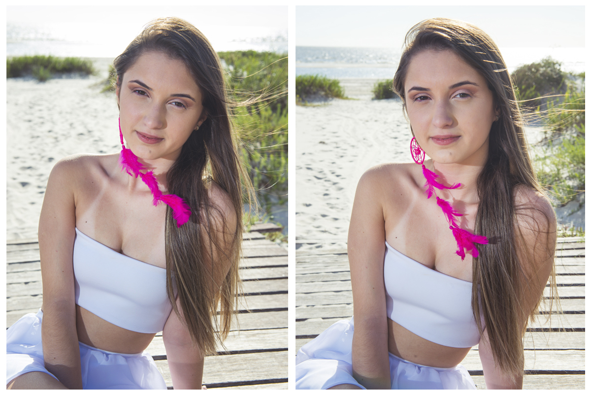 Linda foto da debutante com um olhar serio, durante seu ensaio de 15 anos na praia da capilha. Foto por Marco Moscarelli Fotografo.