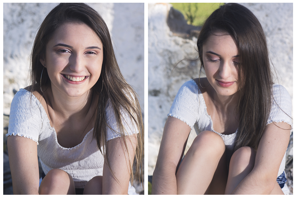 Fotografia da debutante com uma pequena igreja ao fundo durante o seu ensaio fotográfico na praia da capilha. Foto por Marco Moscarelli Fotografo.