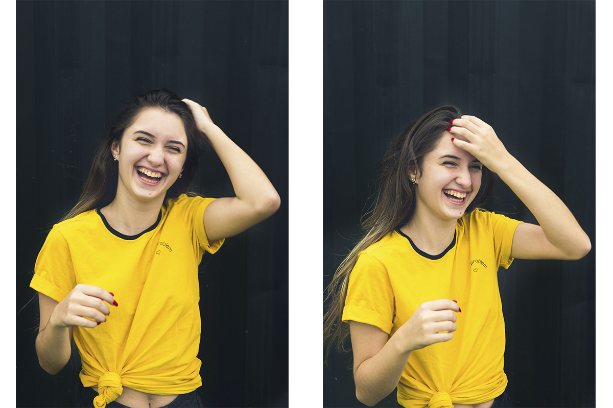 Debutante rindo divertidamente e fazendo diversas poses durante seu ensaio fotográfico de 15 anos. Foto por Marco Moscarelli Fotografo.