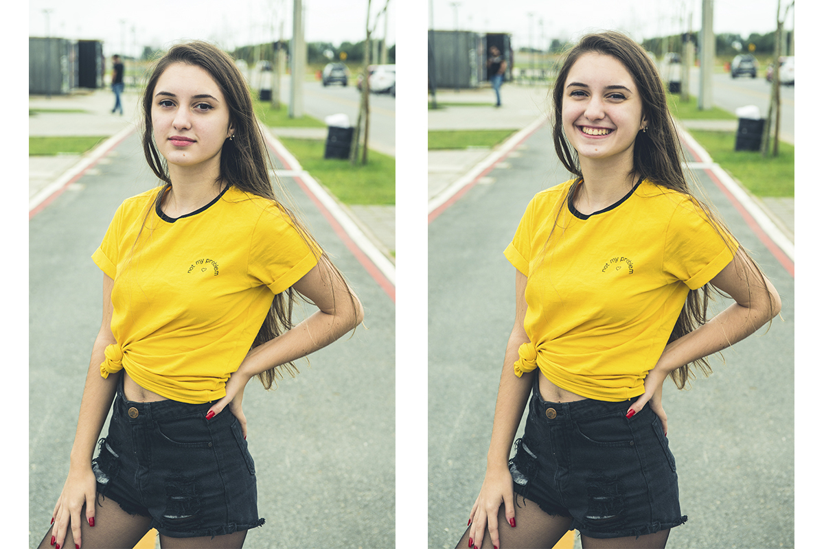 Debutante rindo divertidamente e fazendo diversas poses no meio da rua durante seu ensaio fotográfico de 15 anos. Foto por Marco Moscarelli Fotografo.