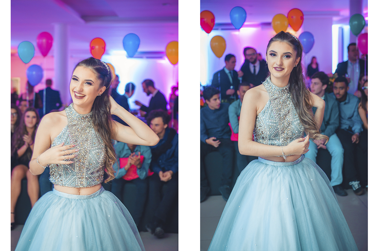 Retrato da aniversariante durante a sua festa de 15 anos. Foto por Marco Moscarelli Fotografo.
