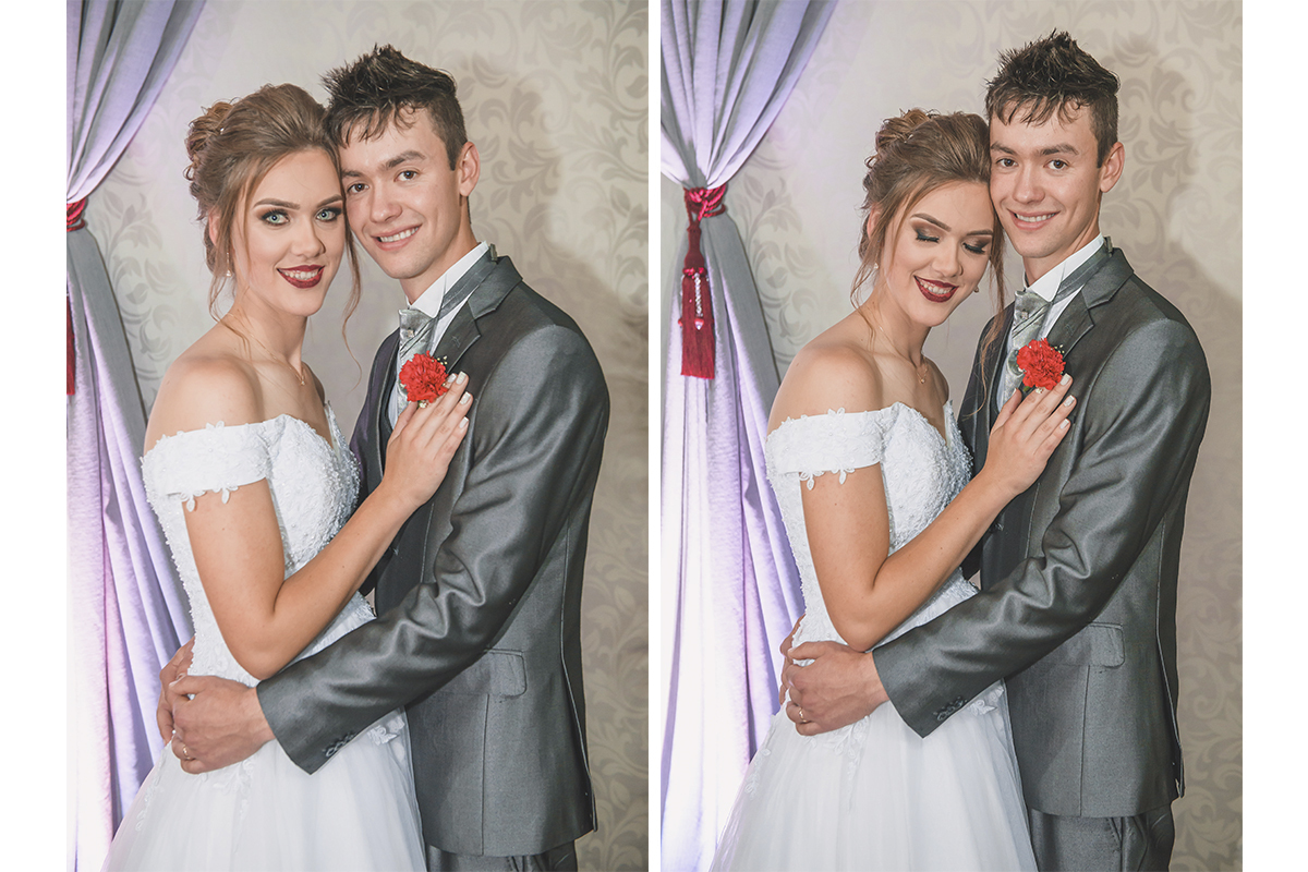 Noivos posando para fotos na abertura da recepção dos noivos. Noiva deitando a cabeça no ombro do noivo para retrato. Foto por Marco Moscarelli Fotografo Pelotas.