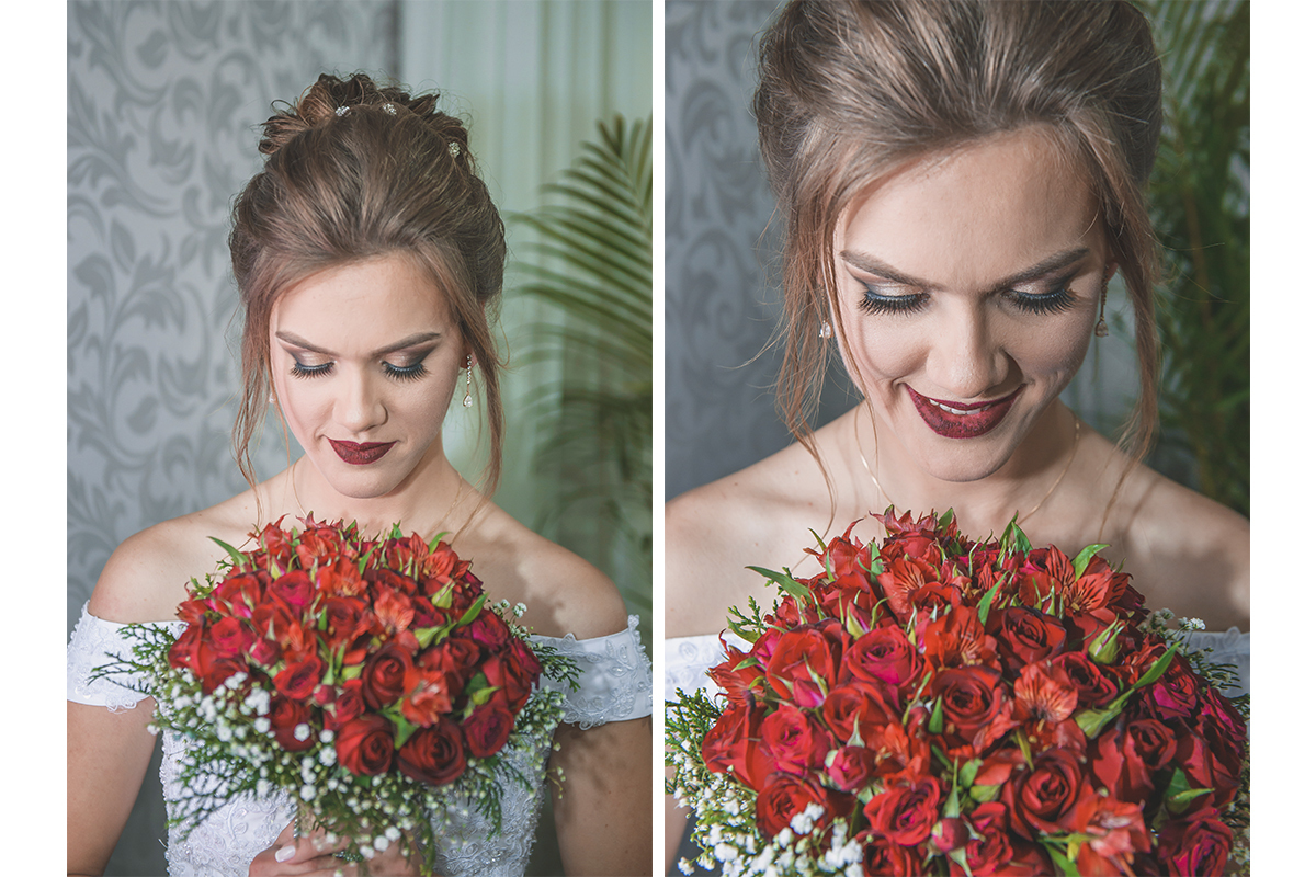 Dois retratos da noiva com seu buquê próximo ao rosto no dia do casamento. Foto por Marco Moscarelli Fotografo Pelotas.