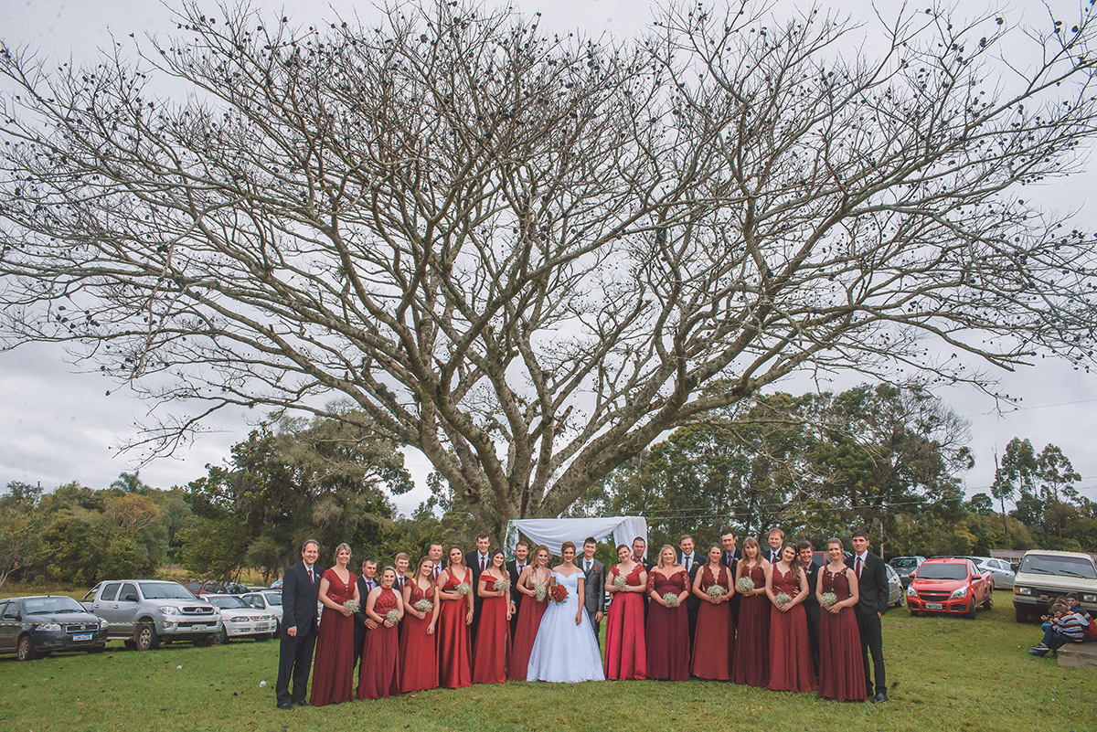 Noivos com padrinhos e madrinhas de casamento posando para foto sob uma linda figueira. Foto por Marco Moscarelli Fotografo Pelotas.
