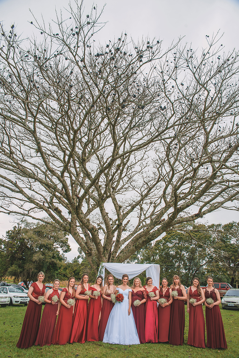 Noivos com padrinhos e madrinhas de casamento posando para foto sob uma linda figueira. Foto por Marco Moscarelli Fotografo Pelotas.