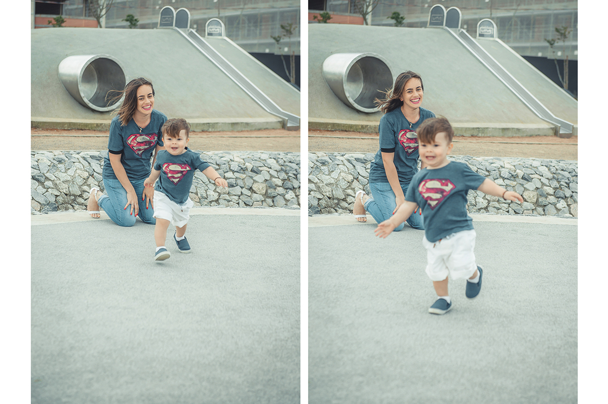 Bebê correndo e  brincando durante ensaio fotográfico de família. Foto por Marco Moscarelli Fotografo Pelotas.