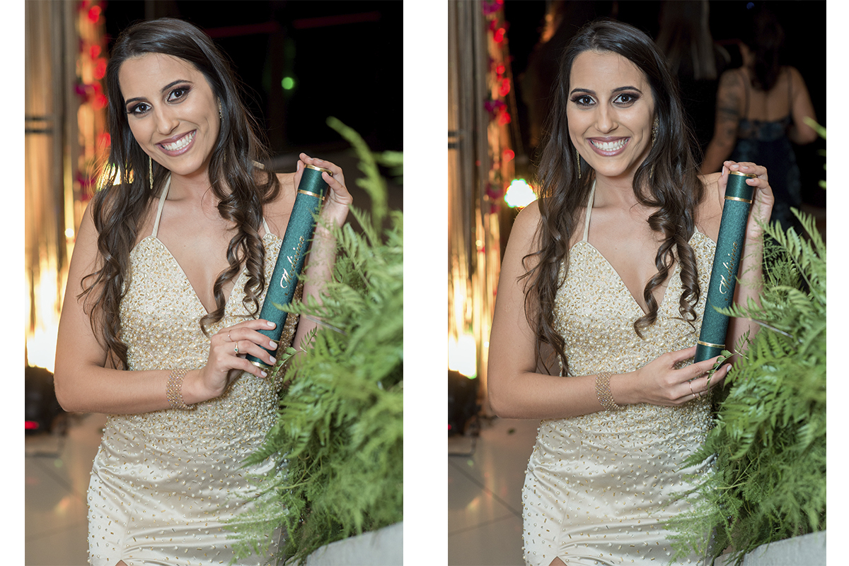 Dois retratos da formanda com seu canudo de formatura em medicina em Pelotas. Foto por Marco Moscarelli Fotografo Pelotas.