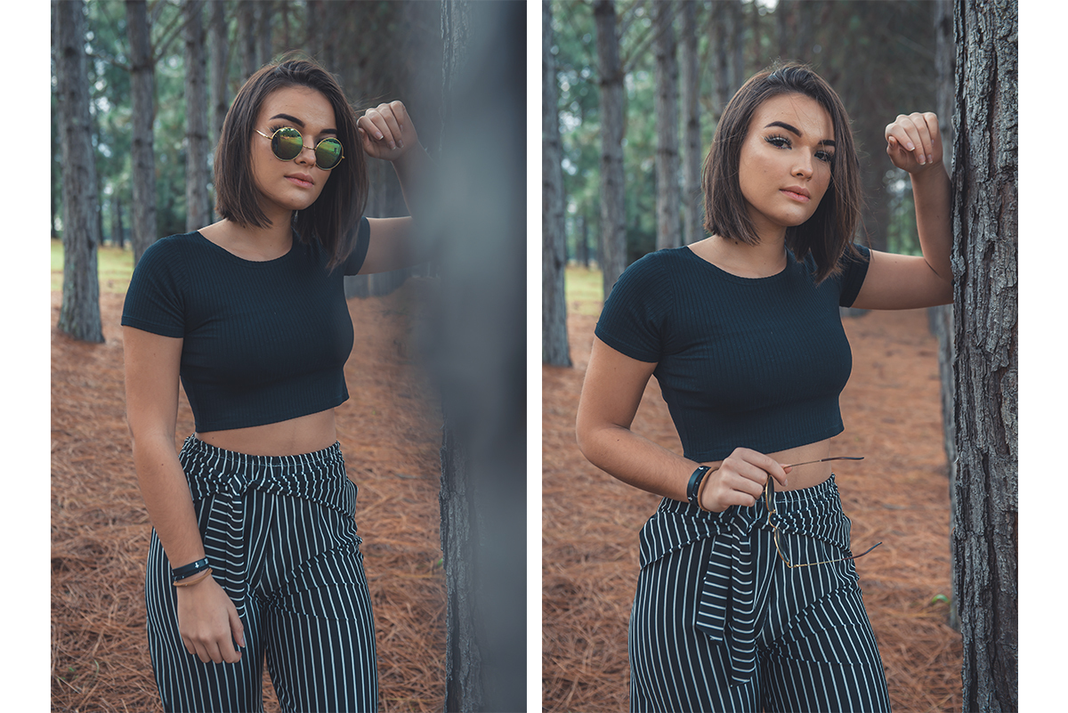 Modelo posado com o braço encostado em uma arvore durante seu ensaio fotográfico de 15 anos em Pelotas. Foto por Marco Moscarelli Fotógrafo Pelotas.
