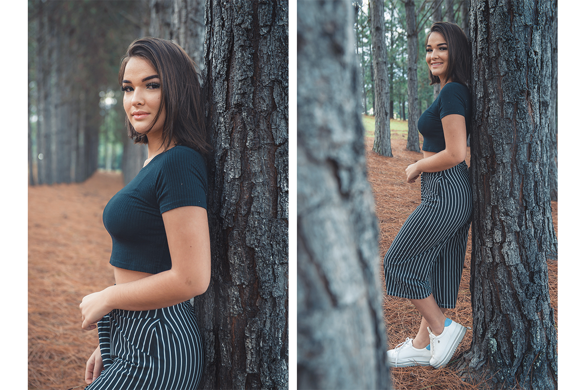 Linda foto da modelo em uma bosque de acácias durante seu ensaio fotográfico externo em Arroio do Padre, colonia de Pelotas. Foto por Marco Moscarelli Fotógrafo Pelotas. 