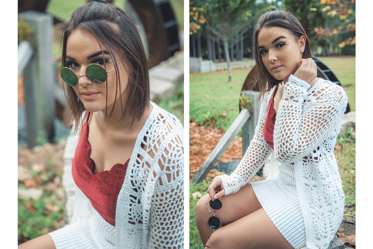 Retrato da debutante posando com um lindo óculos e um vestido branco. Foto por Marco Moscarelli Fotógrafo.