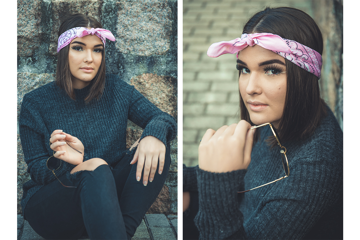 Retrato da modelo segurando o o oculos e olhando para a câmera durante se ensaio fotográfico eterno em Pelotas. Foto por Marco Moscarelli Fotógrafo. 