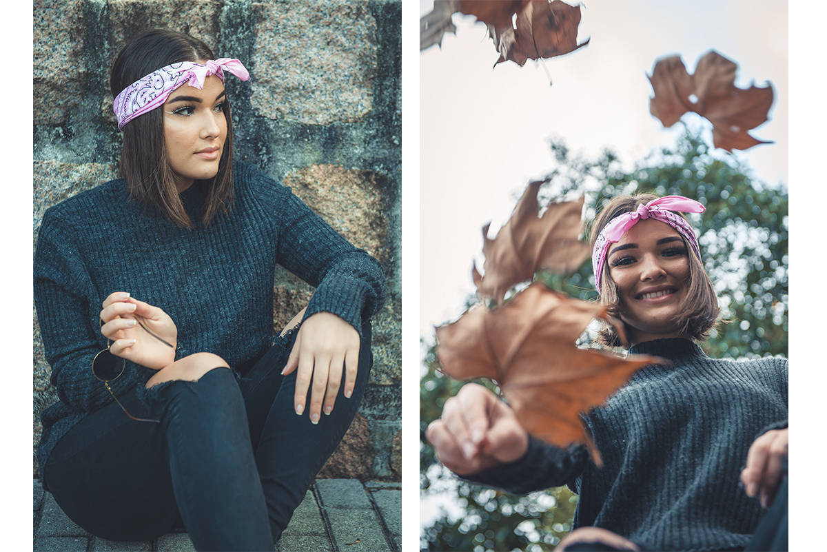 Modelo posando para fotos enquanto folhas de outono caem sobre a lente. Foto por Marco Moscarelli Fotógrafo.