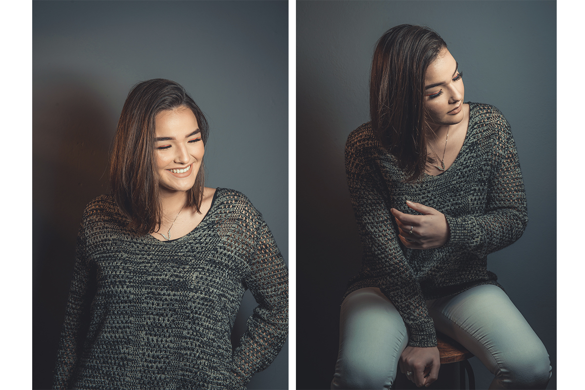 Duas fotos da modelo posando para editorial de moda em estúdio fotográfico. Foto por Marco Moscarelli Fotografo Pelotas.