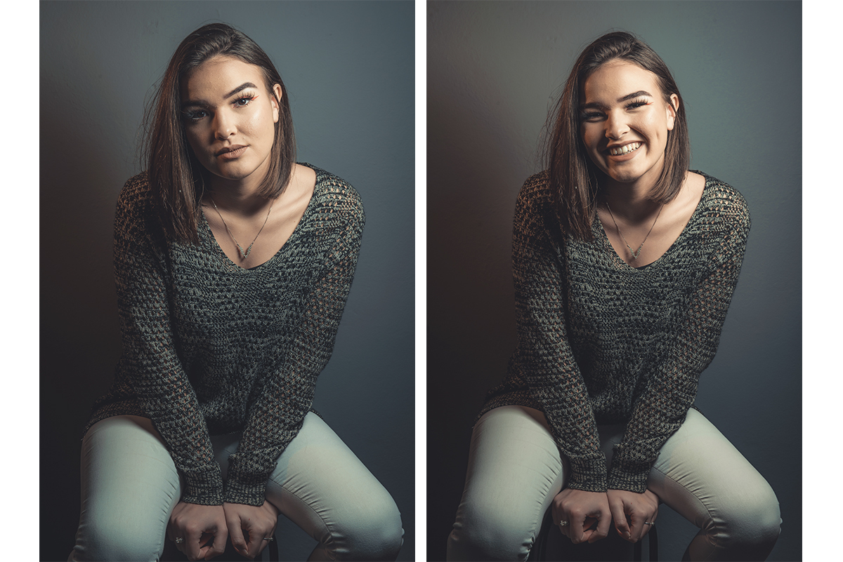 Duas fotos da modelo posando para editorial de moda em estúdio fotográfico. Foto por Marco Moscarelli Fotografo Pelotas.