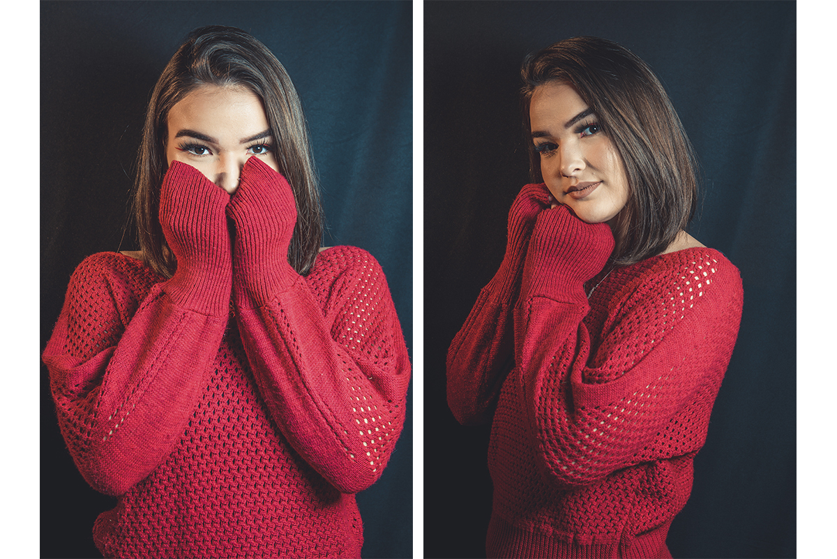 Duas fotos da modelo posando para editorial de moda em estúdio fotográfico. Foto por Marco Moscarelli Fotografo Pelotas.