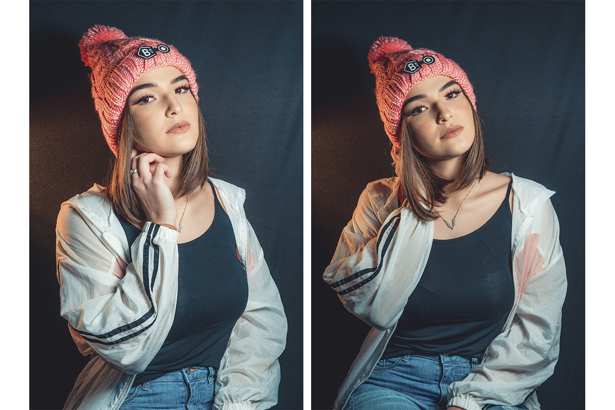 Duas fotos da modelo posando para editorial de moda em estúdio fotográfico. Foto por Marco Moscarelli Fotografo Pelotas.