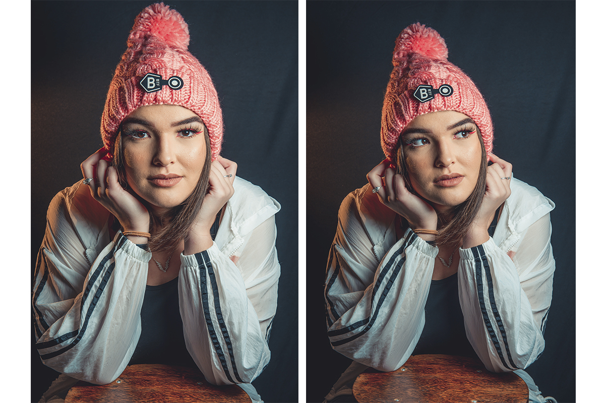 Duas fotos da modelo posando para editorial de moda em estúdio fotográfico. Foto por Marco Moscarelli Fotografo Pelotas.