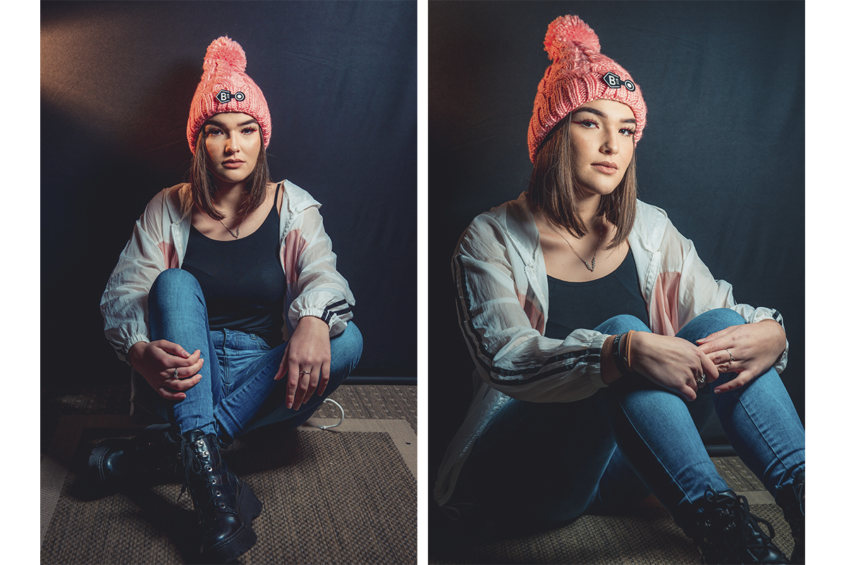 Duas fotos da modelo posando para editorial de moda em estúdio fotográfico. Foto por Marco Moscarelli Fotografo Pelotas.