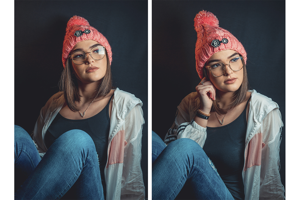 Duas fotos da modelo posando para editorial de moda em estúdio fotográfico. Foto por Marco Moscarelli Fotografo Pelotas.