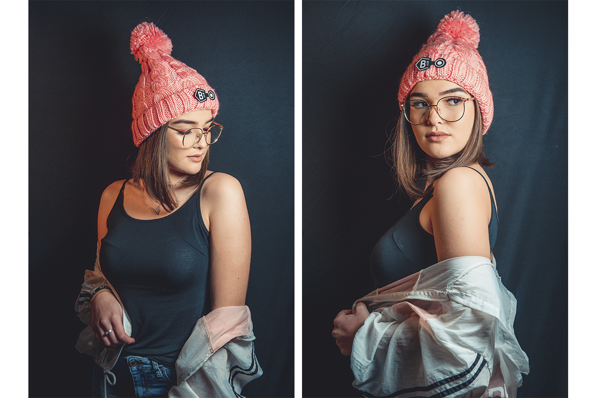 Duas fotos da modelo posando para editorial de moda em estúdio fotográfico. Foto por Marco Moscarelli Fotografo Pelotas.