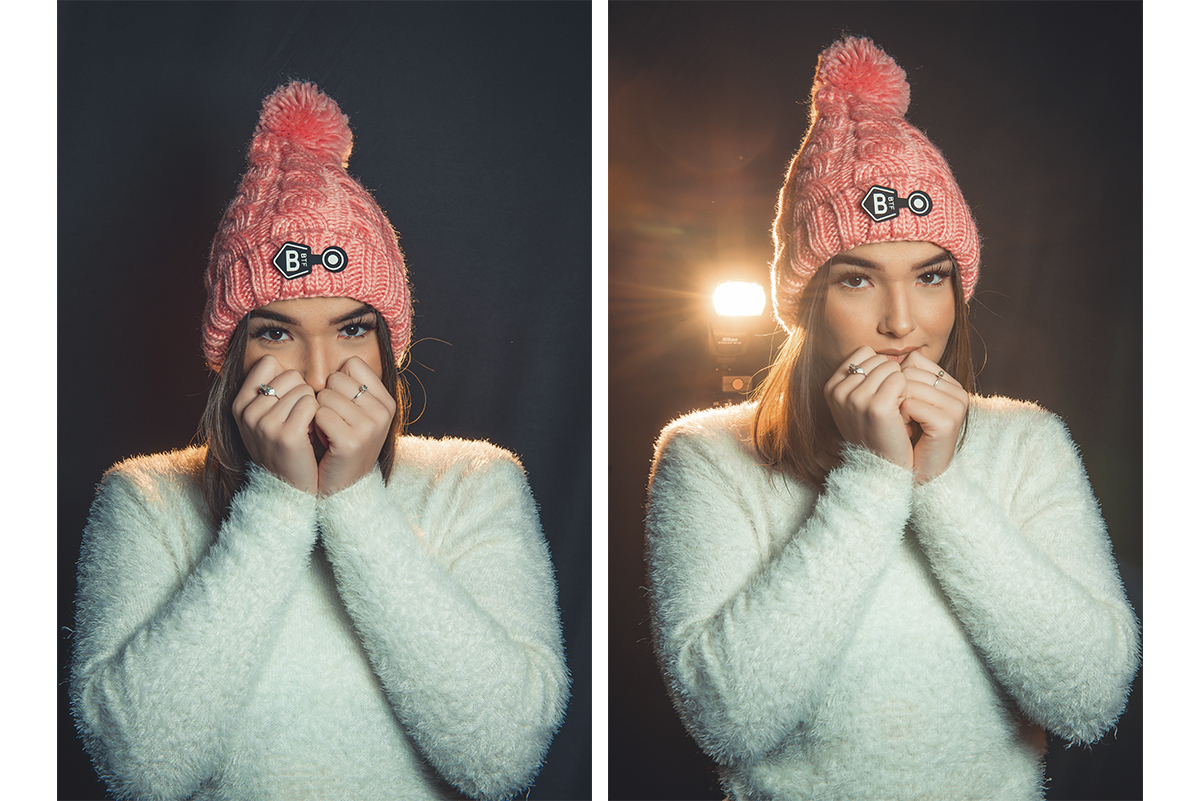 Duas fotos da modelo posando para editorial de moda em estúdio fotográfico. Foto por Marco Moscarelli Fotografo Pelotas.