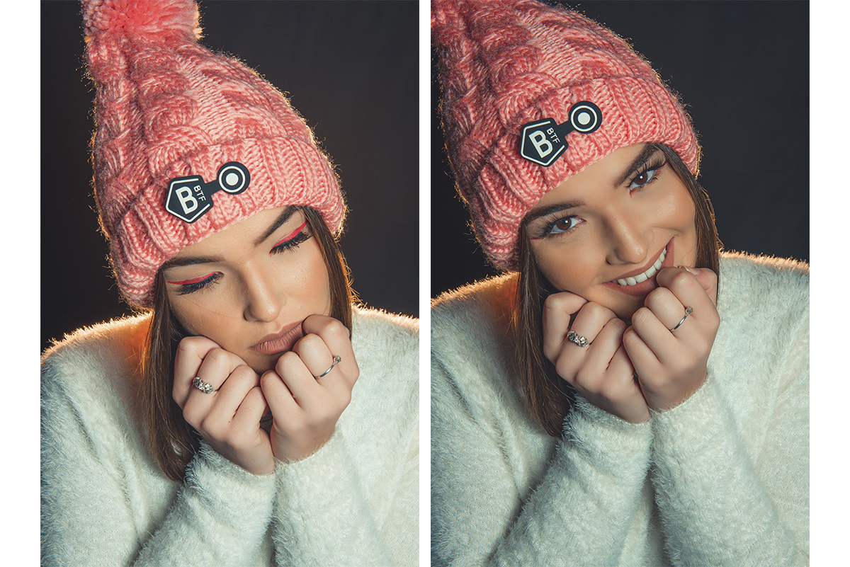 Duas fotos da modelo posando para editorial de moda em estúdio fotográfico. Foto por Marco Moscarelli Fotografo Pelotas.