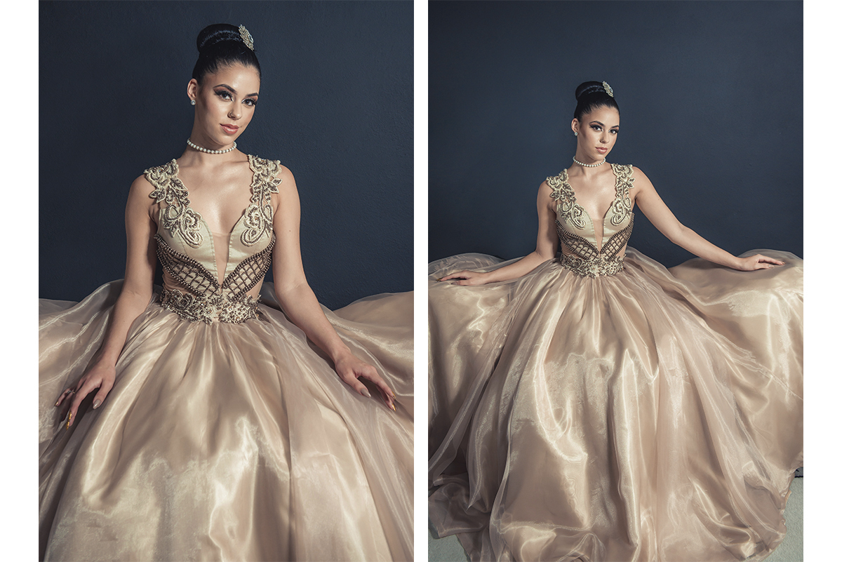 Modelo posando para Editorial de moda usando vestido de festa,  em estúdio fotográfico. Foto por Marco Moscarelli Fotógrafo Pelotas.