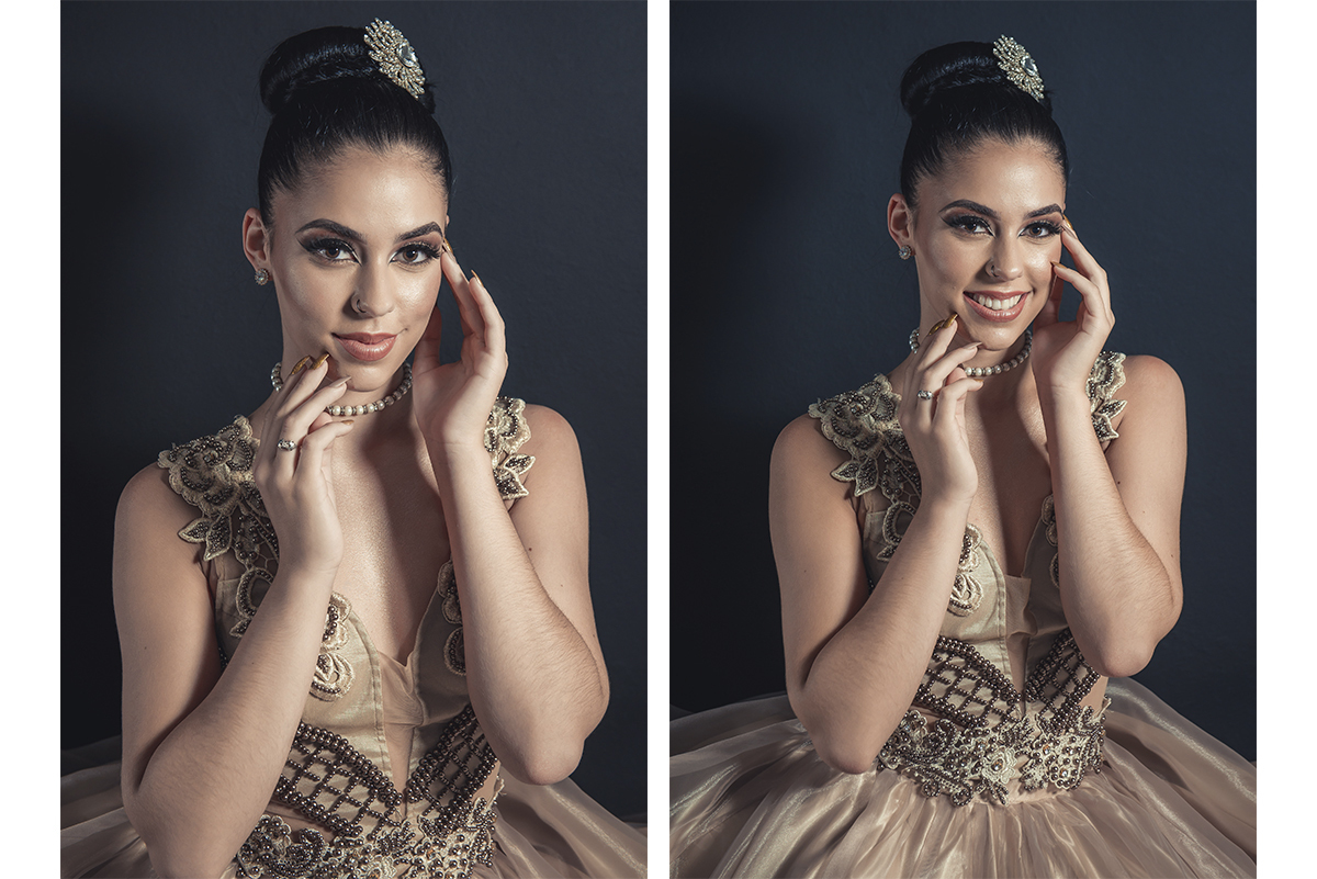 Modelo posando para Editorial de moda usando vestido de festa,  em estúdio fotográfico. Foto por Marco Moscarelli Fotógrafo Pelotas.