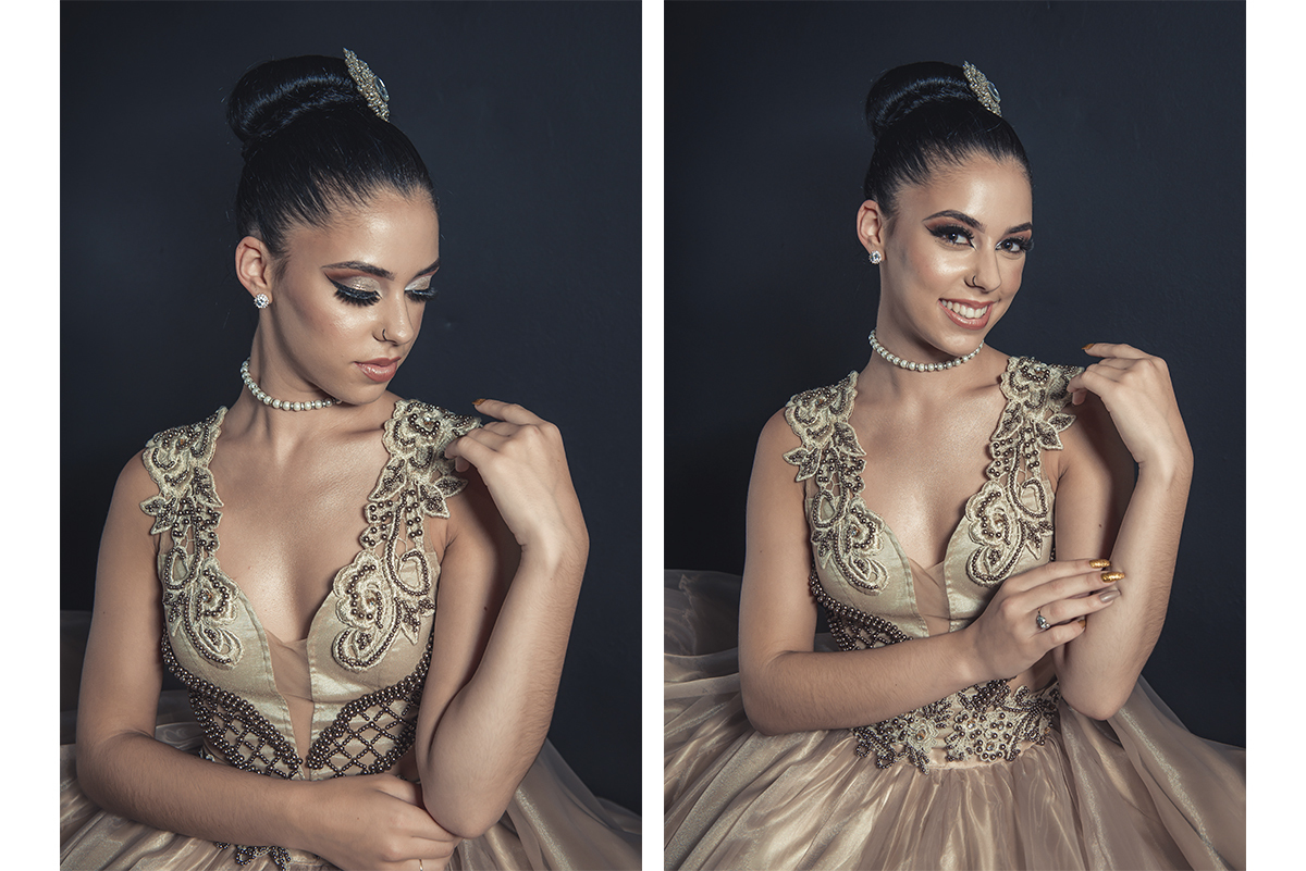 Modelo posando para Editorial de moda usando vestido de festa,  em estúdio fotográfico. Foto por Marco Moscarelli Fotógrafo Pelotas.