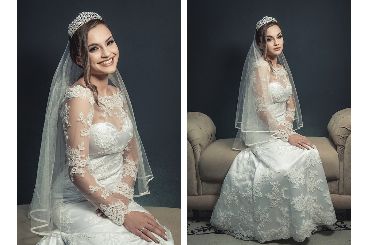 Modelo posando para Editorial de moda usando vestido de noiva em foto pos casamento,  em estúdio fotográfico. Foto por Marco Moscarelli Fotógrafo Pelotas.