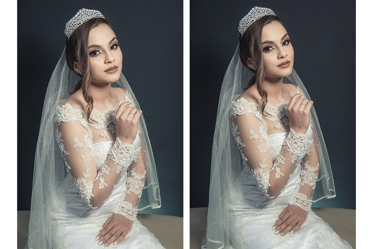 Modelo posando para Editorial de moda usando vestido de noiva em foto pós casamento,  em estúdio fotográfico. Foto por Marco Moscarelli Fotógrafo Pelotas.