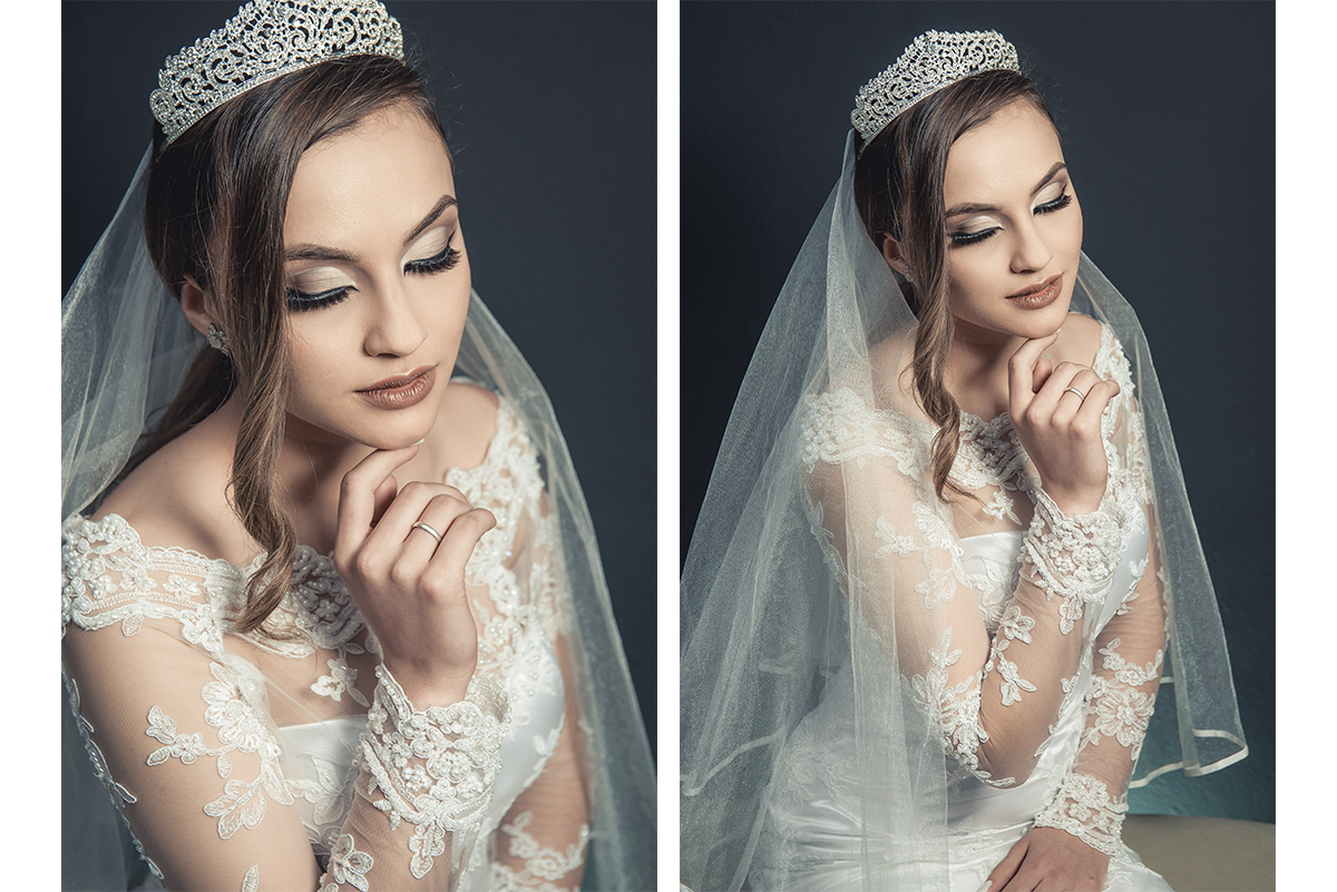 Modelo posando para Editorial de moda usando vestido de noiva em foto pós casamento,  em estúdio fotográfico. Foto por Marco Moscarelli Fotógrafo Pelotas.