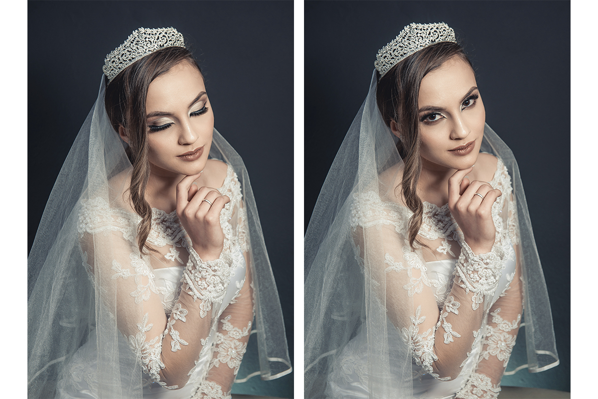 Modelo posando para Editorial de moda usando vestido de noiva em foto pós casamento,  em estúdio fotográfico. Foto por Marco Moscarelli Fotógrafo Pelotas.