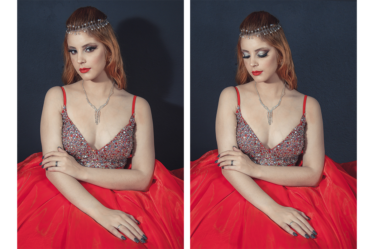 Modelo posando para Editorial de moda usando vestido de debutante para festas de 15 anos,  em estúdio fotográfico. Foto por Marco Moscarelli Fotógrafo Pelotas.