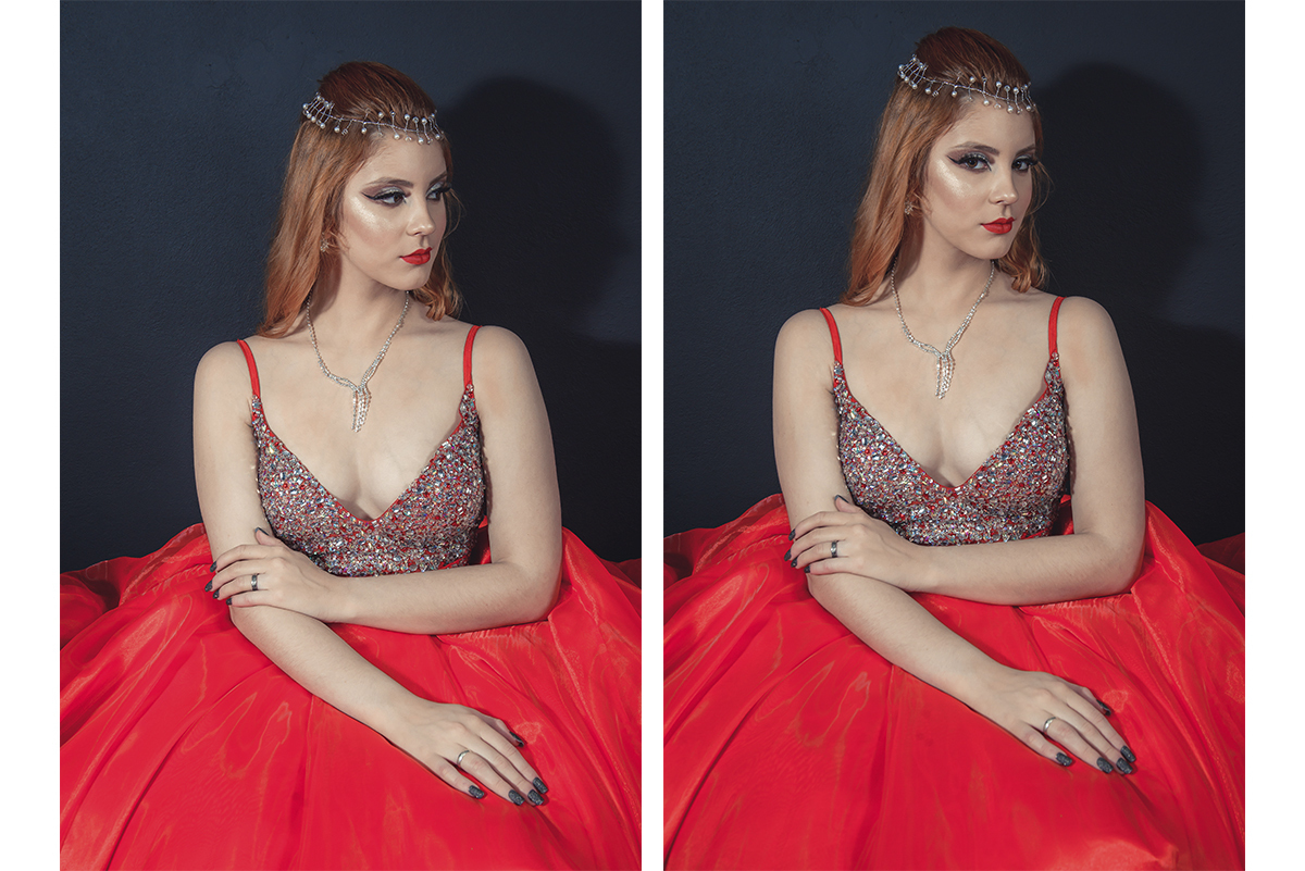 Modelo posando para Editorial de moda usando vestido de debutante para festas de 15 anos,  em estúdio fotográfico. Foto por Marco Moscarelli Fotógrafo Pelotas.