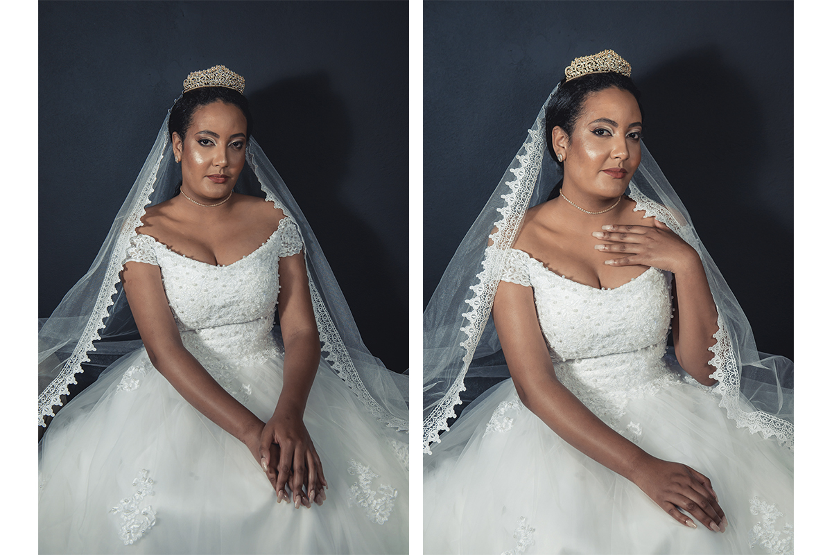 Modelo posando para Editorial de moda usando vestido de noiva em foto pós casamento,  em estúdio fotográfico. Foto por Marco Moscarelli Fotógrafo Pelotas.