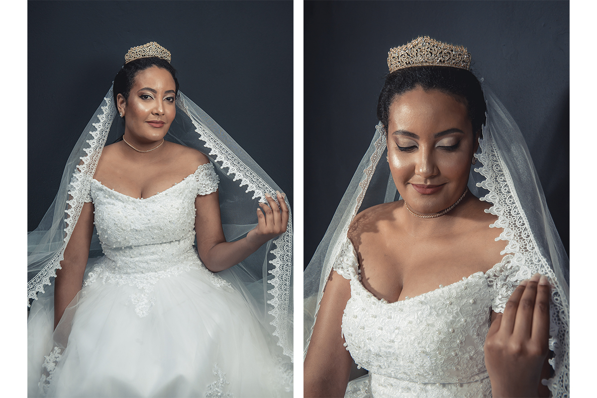 Modelo posando para Editorial de moda usando vestido de noiva em foto pós casamento,  em estúdio fotográfico. Foto por Marco Moscarelli Fotógrafo Pelotas.