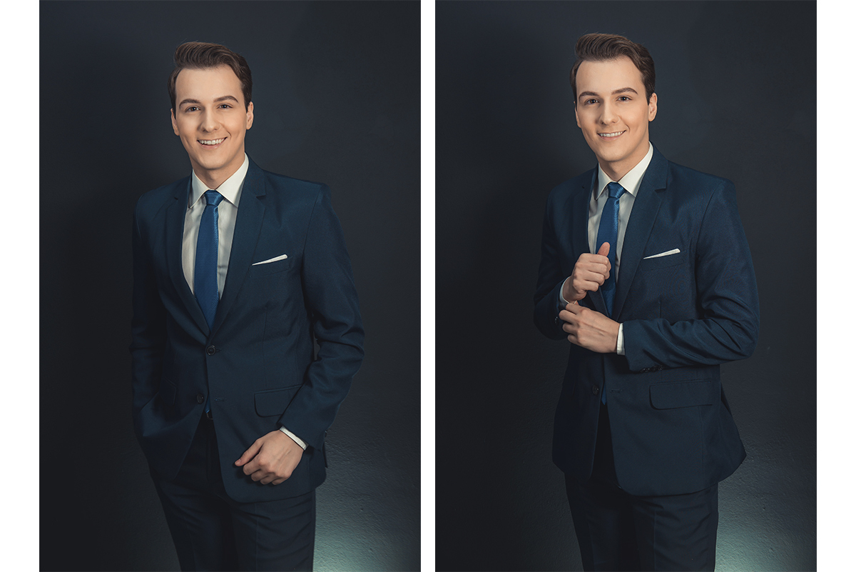 Modelo posando para Editorial de moda usando terno azul, camisa branca e gravata azul, sendo um típico traje para noivos e formandos ,  em estúdio fotográfico. Foto por Marco Moscarelli Fotógrafo Pelotas.