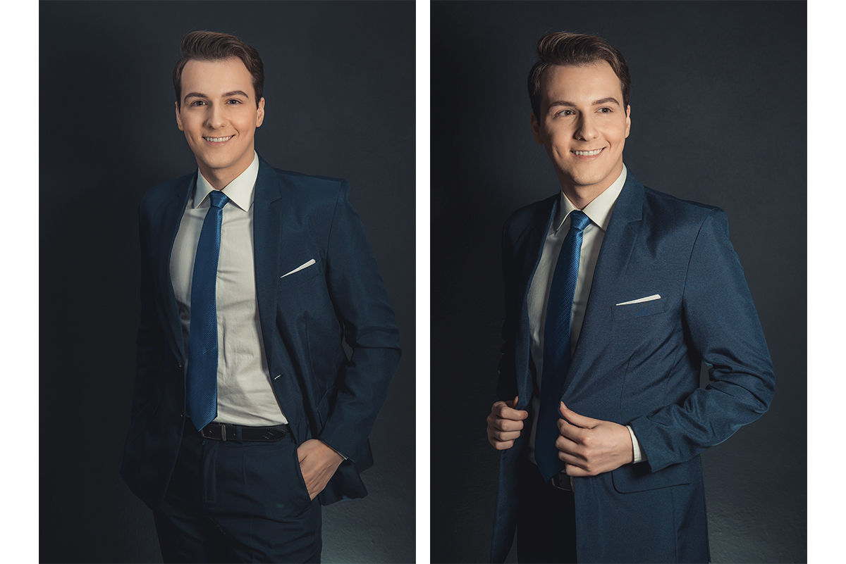 usando terno azul, camisa branca e gravata azul, sendo um típico traje para noivos e formandos ,  em estúdio fotográfico. Foto por Marco Moscarelli Fotógrafo Pelotas.