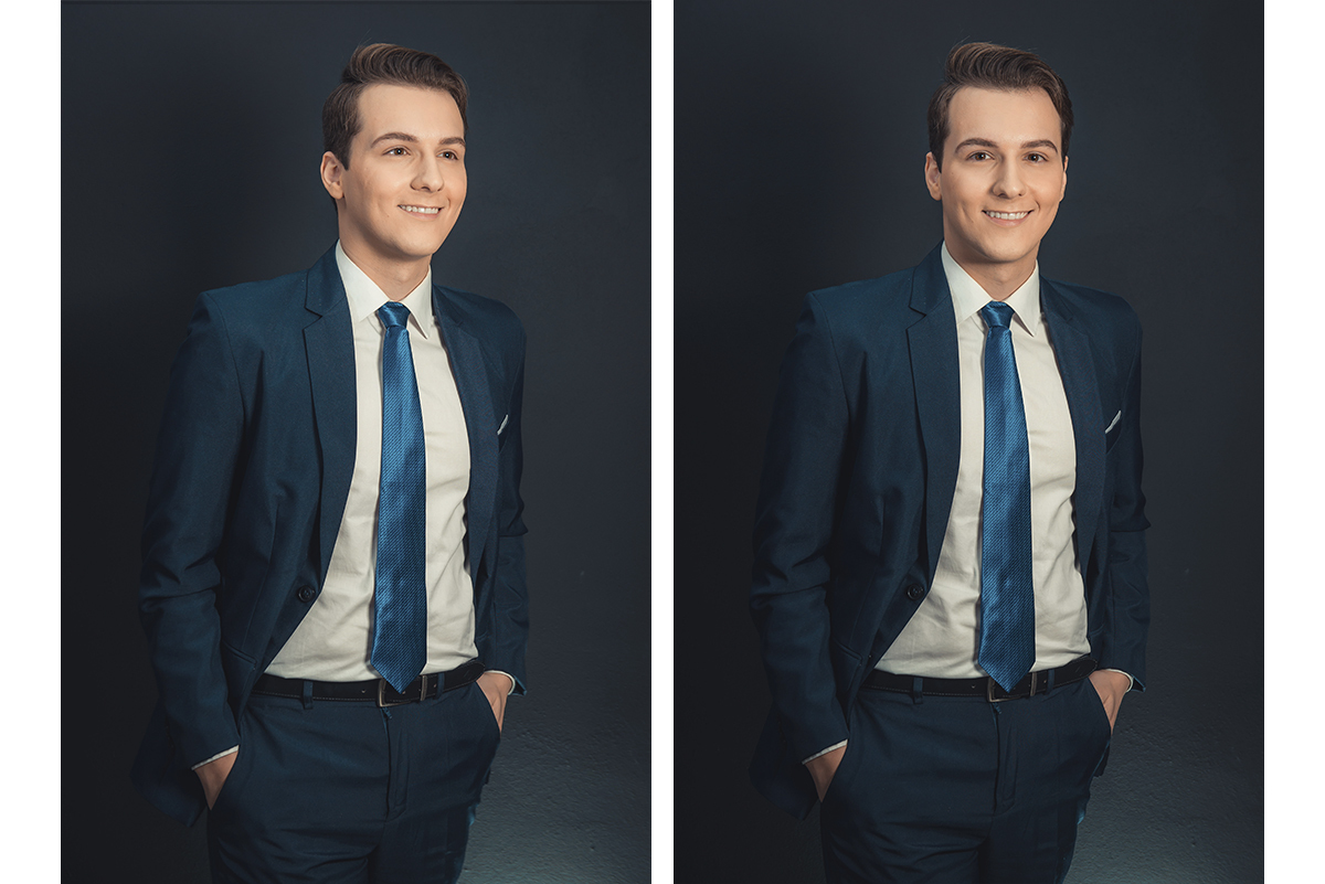 usando terno azul, camisa branca e gravata azul, sendo um típico traje para noivos e formandos ,  em estúdio fotográfico. Foto por Marco Moscarelli Fotógrafo Pelotas.