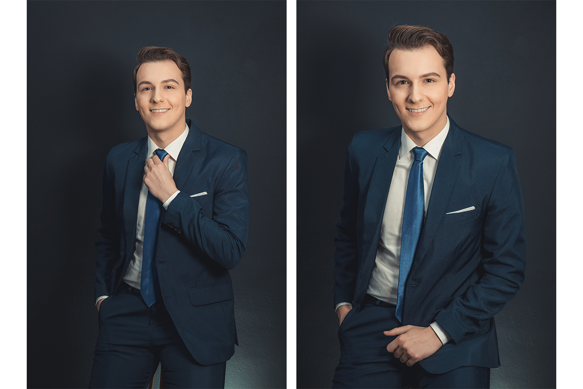 usando terno azul, camisa branca e gravata azul, sendo um típico traje para noivos e formandos ,  em estúdio fotográfico. Foto por Marco Moscarelli Fotógrafo Pelotas.