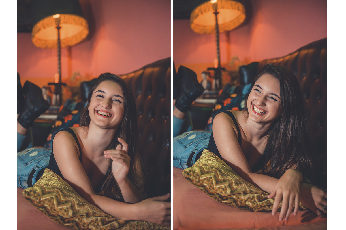 Duas fotos lado a lado da modelo posando em um sofá olhando para o lado sorridente, durante seu ensaio fotográfico de casamento e 15 anos em Cúrcuma - Pelotas. Foto por Marco Moscarelli Fotógrafo Pelotas. 