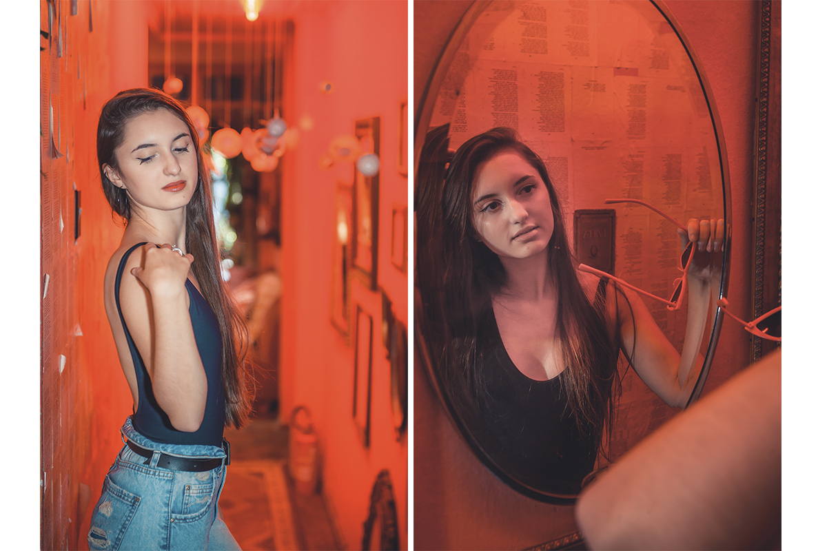 Duas fotos lado a lado da modelo posando em um corredor com a mão no rosto e cabelo, durante seu ensaio fotográfico de casamento e 15 anos em Cúrcuma - Pelotas. Foto por Marco Moscarelli Fotógrafo Pelotas. 