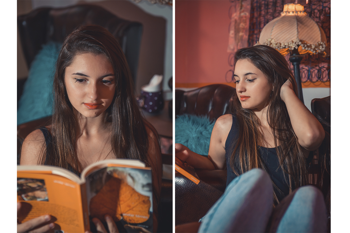 Duas fotos lado a lado da modelo posando lendo um livro descontraída durante seu ensaio fotográfico de casamento e 15 anos em Cúrcuma - Pelotas. Foto por Marco Moscarelli Fotógrafo Pelotas. 