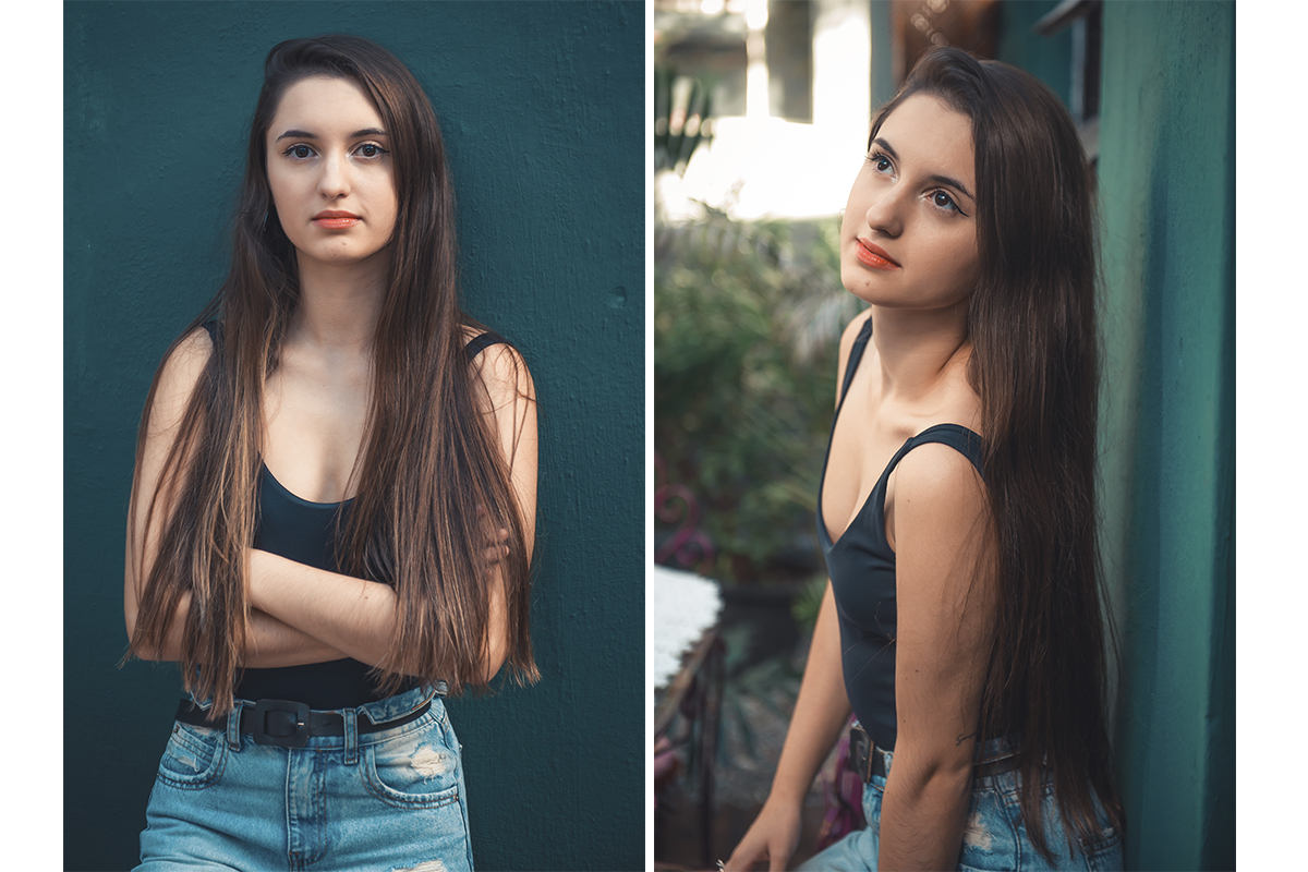 Duas fotos lado a lado da modelo posando com os braços cruzados e olhando para cima  durante seu ensaio fotográfico de casamento e 15 anos em Cúrcuma  cafeteria e confeitaria - Pelotas. Foto por Marco Moscarelli Fotógrafo Pelotas. 