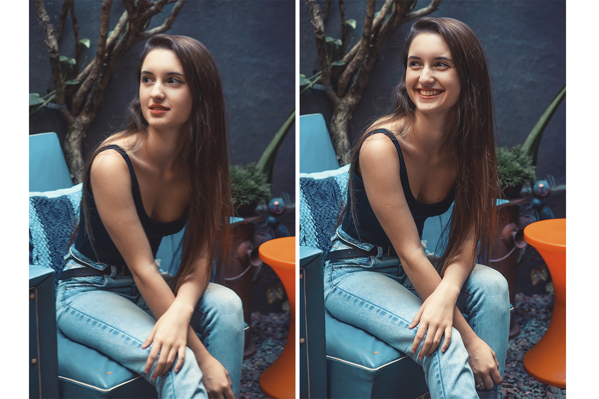 Duas fotos lado a lado da modelo posando sentada em uma poltrona verde  durante seu ensaio fotográfico de casamento e 15 anos em Cúrcuma    cafeteria e confeitaria. Foto por Marco Moscarelli Fotógrafo Pelotas.