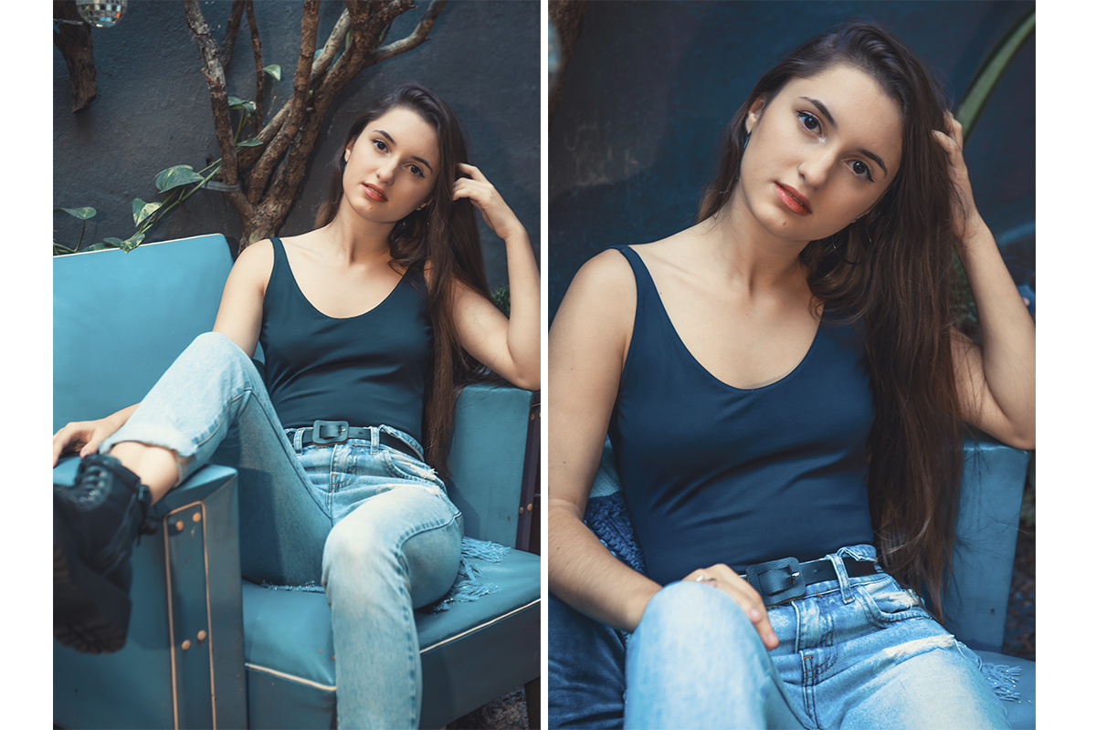 Duas fotos lado a lado da modelo posando sentada em uma poltrona verde  durante seu ensaio fotográfico de casamento e 15 anos em Cúrcuma    cafeteria e confeitaria. Foto por Marco Moscarelli Fotógrafo Pelotas
